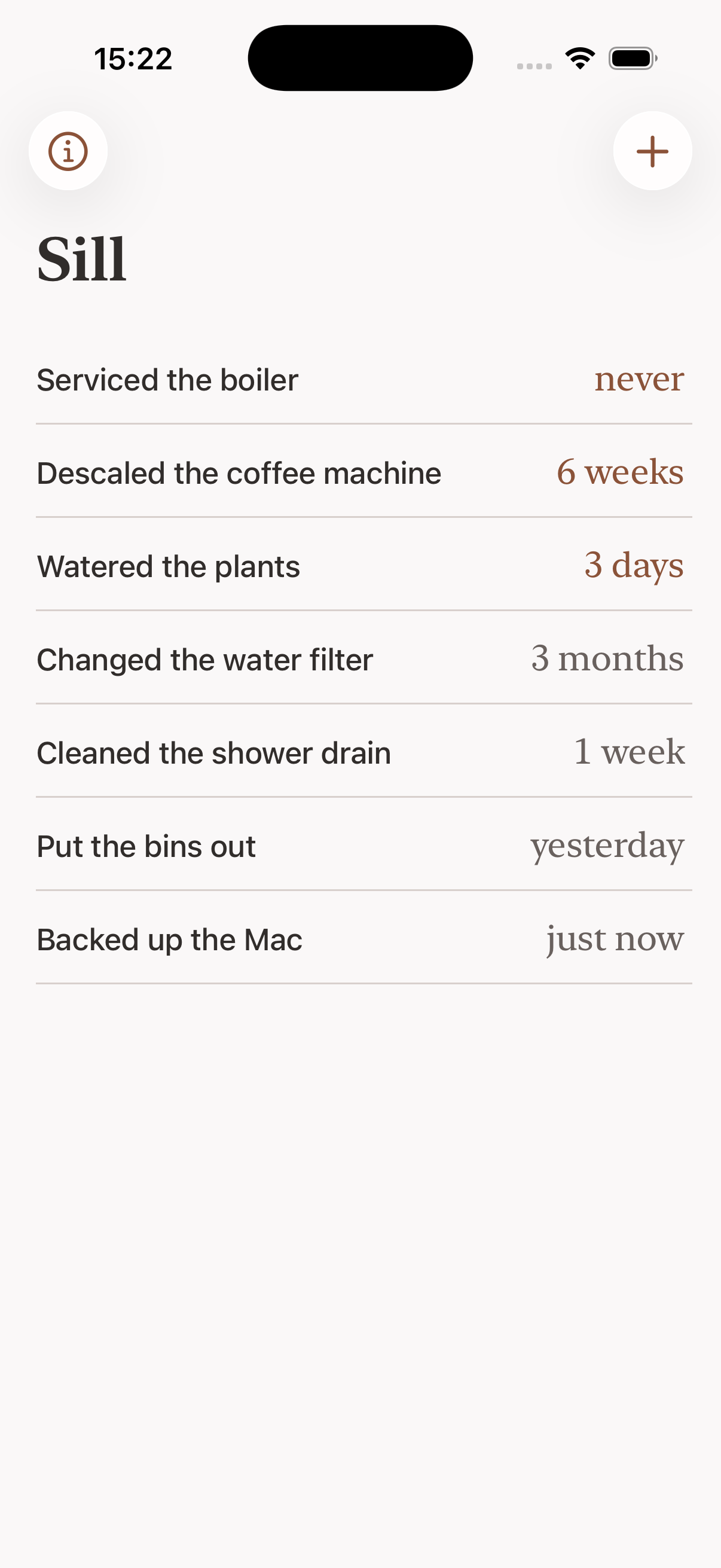 Sill on iPhone, showing a list of household tasks with how long it has been since each was last done.